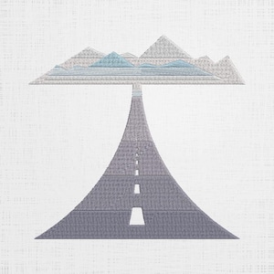 May include: A stylized illustration of a road leading up to a mountain range. The road is gray and the mountains are blue and white.