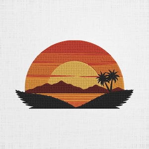 May include: Embroidered design of a sunset over a mountain range with two palm trees in the foreground. The sun is a bright yellow and the sky is a gradient of orange, red, and yellow. The mountains are brown and the palm trees are green.