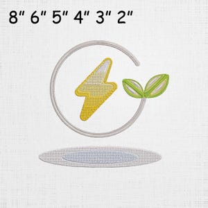 May include: Embroidered design featuring a yellow lightning bolt inside a silver circle, with green leaves and the text "8" 6" 5" 4" 3" 2"" above. The design is on a white background, with a silver oval below.