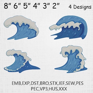 May include: Four blue and white wave designs for embroidery, ranging from 5 to 20 cm in width. The image includes the text "4 Designs" and file format abbreviations: EMB, EXP, DST, BRO, STX, JEF, SEW, PES, PEC, VP3, HUS, and XXX.