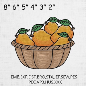 May include: A basket filled with six yellow mangoes, with green leaves, in various sizes. The basket is brown and has a woven pattern. The image includes the text "8" 6" 5" 4" 3" 2" EMB,EXP,DST,BRO,STX,JEF,SEW,PES PEC, VP3, HUS,XXX".