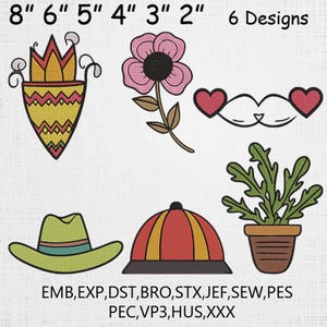 Whimsical Embroidery Design Set – 6 Fun Cartoon Elements: Flower, Hat, Plant, Heart Eyes, and More – Machine Embroidery Patterns – 6 Sizes