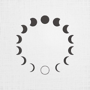 Puede incluir: Una ilustración en blanco y negro de las fases de la luna en un círculo.