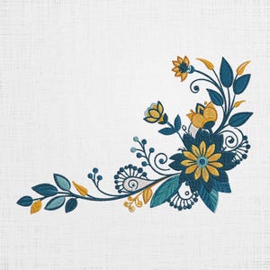 以下が含まれることがあります： 青と黄色の花柄のコーナーデザイン。デザインには、スタイリッシュな花、葉、渦巻きが含まれています。