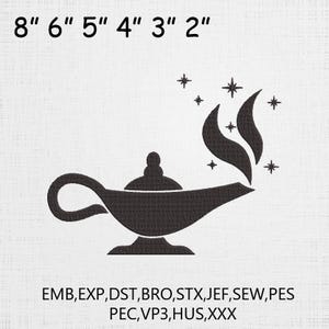 Puede incluir: Un diseño bordado en negro de una lámpara de genio con humo y estrellas. La imagen incluye medidas de 5 a 20 cm. La imagen también incluye el texto: EMB, EXP, DST, BRO, STX, JEF, SEW, PES, PEC, VP3, HUS, XXX.