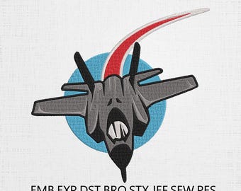 May include: Embroidered patch featuring a gray jet fighter with a red and white vapor trail, set against a light blue circle. The patch measures from 2 to 8 inches. Text at the bottom lists embroidery file formats.