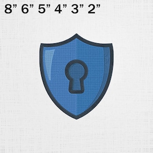 May include: A blue shield-shaped design with a keyhole in the center. The shield has a textured pattern and a black outline. The text "8" 6" 5" 4" 3" 2" is at the top of the image.