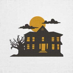 May include: A black silhouette of a house with windows and a door, set against a yellow moon and dark clouds. A bare tree is in the foreground.