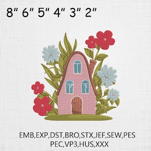 Puede incluir: Diseño bordado de una casa rosa con ventanas blancas y una puerta marrón. La casa está rodeada de hojas verdes y flores en tonos rojos, azules y blancos. El diseño incluye el texto "8" 6" 5" 4" 3" 2" EMB, EXP, DST, BRO, STX,JEF, SEW,PES PEC, VP3, HUS,XXX".