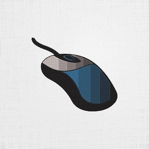 Peut inclure: Une souris d'ordinateur bleue et grise avec un cordon noir. La souris a une molette de défilement et deux boutons.