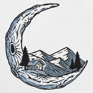 May include: A crescent moon illustration with a mountain scene inside. The moon is light blue with craters and a textured surface. The mountain scene includes a cabin, pine trees, and snow-capped mountains.