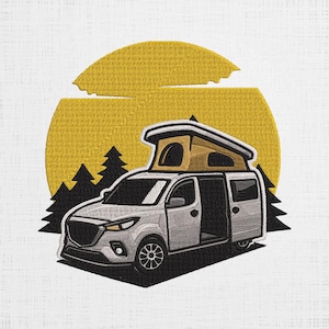 May include: A white camper van with a pop-up roof, parked in front of a yellow sun and dark green trees. The van has a side door open and black wheels.