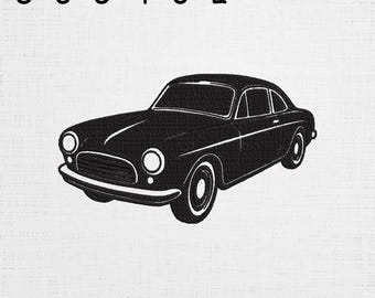 May include: Black vintage car illustration with the text "8" 6" 5" 4" 3" 2"" above the car. The car is a classic coupe design, with round headlights and a curved body. The image is a simple, two-tone design.