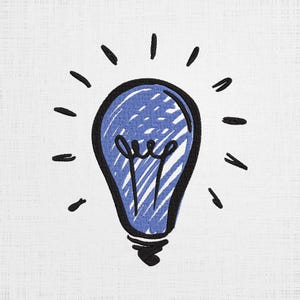 May include: A hand-drawn illustration of a light blue light bulb with a black outline. The light bulb has a radiating pattern of lines inside and is surrounded by black rays.