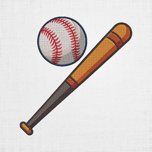 May include: A brown and orange baseball bat with a white baseball with red stitching.