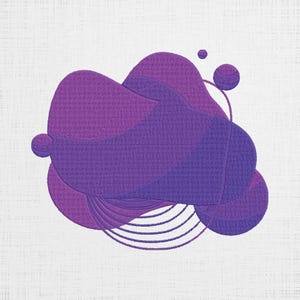 Pode incluir: Forma abstrata roxa com um design circular branco no seu interior. A forma é composta por múltiplos círculos sobrepostos e tem um aspeto texturizado.