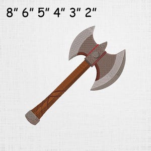 May include: A double-bladed axe with a brown handle and gray blades. The axe is approximately 8 inches long. The handle has a textured grip. The blades are gray with red accents. The text "8" 6" 5" 4" 3" 2"" is above the axe.