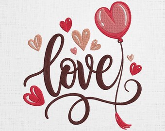 Love Heart Balloon Embroidery Design: Script Machine File (6 Sizes)