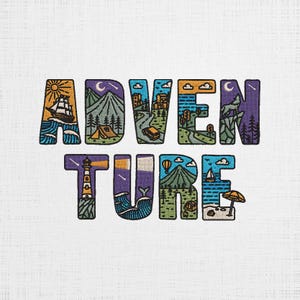 May include: Embroidered design spelling out the word "ADVENTURE" with each letter featuring a different outdoor scene. The letters are filled with images of a sailboat, mountains, a lighthouse, and a beach.