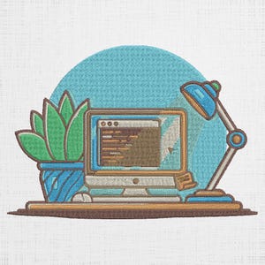 Puede incluir: Una ilustración de un escritorio de computadora con una computadora de escritorio, una lámpara de escritorio y una planta en maceta. La pantalla de la computadora muestra código y la lámpara de escritorio está encendida. El fondo es un círculo azul claro.