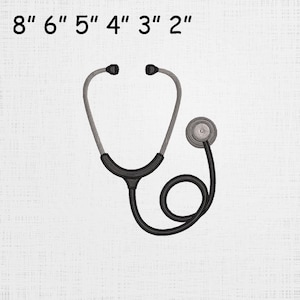 May include: A black and gray stethoscope with the text "8" 6" 5" 4" 3" 2"" at the top. The stethoscope has a circular chest piece, gray earpieces, and a black connecting tube. The earpieces are approximately 8 inches apart.