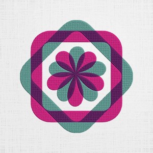 Puede incluir: Un diseño geométrico con una flor en el centro. La flor tiene ocho pétalos en tonos de rosa y morado. El diseño está rodeado por un marco cuadrado con esquinas redondeadas en tonos de verde azulado y morado.