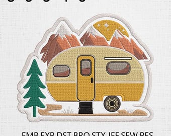Vintage Camper Embroidery Design - Mountain Trailer Pattern - Travel Trailer Applique - 5 Sizes