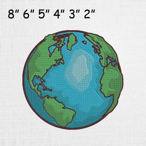 May include: Embroidered Earth design with green continents and blue oceans, outlined in brown. The text "8" 6" 5" 4" 3" 2"" is printed above the Earth image. The design is on a white background.