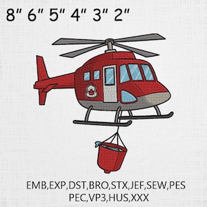 May include: Embroidered design of a red helicopter with a water bucket. The helicopter has a gray nose and black rotor blades. The design measures 8 inches wide.