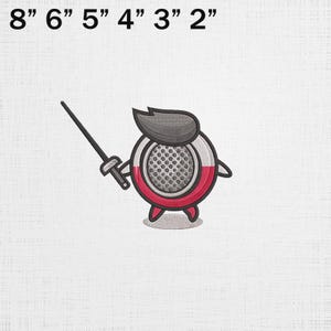 Puede incluir: Parche bordado con un personaje de dibujos animados rojo, blanco y gris, sosteniendo una espada. El personaje tiene un peinado gris y pies rojos. El texto "8" 6" 5" 4" 3" 2" está en la parte superior.