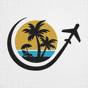 Op de afbeelding: Zwarte en witte silhouet van palmbomen en een strandstoel onder een gele zon met een blauwe zee. Een zwart vliegtuig vliegt in een cirkel rond de scène.