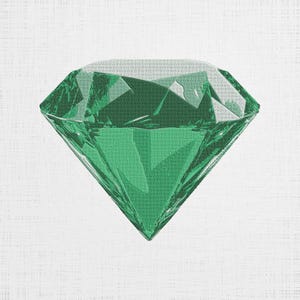 May include: A large, faceted, green gemstone in the shape of a diamond.