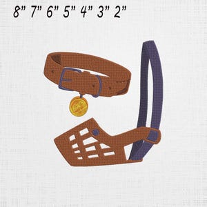 May include: An embroidered brown dog collar with a purple buckle and a round gold tag, paired with a brown basket-style dog muzzle featuring purple straps. The image includes the text 8" 7" 6" 5" 4" 3" 2" indicating available sizes.
