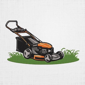 Könnte beinhalten: Eine Cartoon-Illustration eines orangefarbenen und schwarzen Rasenmähers, der Gras mäht. Der Rasenmäher befindet sich auf einem grünen Rasen mit Grashalmen.