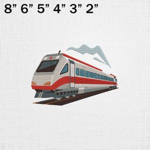May include: Embroidered train design in red, gray, and white, with a mountain graphic above. The train is on a track, and the image includes the measurements 8", 6", 5", 4", 3", and 2" at the top. The design is on a white background.