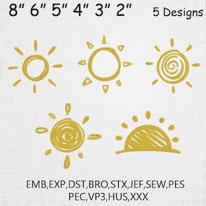 Puede incluir: Cinco diseños de sol amarillos en varios estilos, con tamaños que van de 5 a 20 cm. La imagen incluye texto que indica que los diseños están disponibles en múltiples formatos de archivo, incluyendo EMB, EXP, DST, y otros.