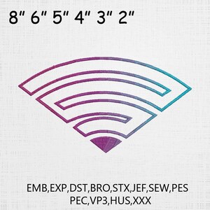 Puede incluir: Un diseño en forma de abanico en tonos morados y turquesas, con medidas de 5 cm a 20 cm. El diseño incluye el texto "EMB, EXP, DST, BRO, STX, JEF, SEW, PES, PEC, VP3, HUS, XXX".