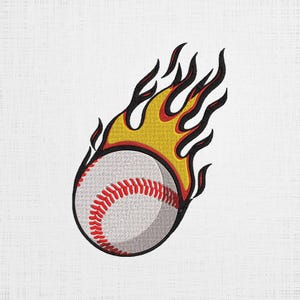 May include: A white baseball with red stitching is engulfed in flames. The flames are yellow and orange with black outlines.
