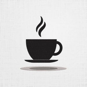 May include: A black silhouette of a coffee cup with steam rising from it, on a white saucer. The cup and saucer are on a white background.