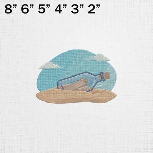 Puede incluir: Diseño bordado de un mensaje en una botella, sobre un cielo azul y arena. La botella es transparente con un corcho, y el mensaje en el interior es visible. El diseño incluye dos nubes blancas. El texto en la parte superior dice: 8" 6" 5" 4" 3" 2".
