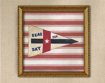Seas the Day - Vintage Nautical Flag Giclee - Framed - 8x8" - Coastal, Cottage, Nursery, Boys Room