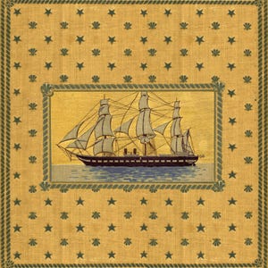 May include: A vintage illustration of a ship with sails against a yellow background with a border of green stars and rope. The ship is in the center of the image and is surrounded by a gold frame.