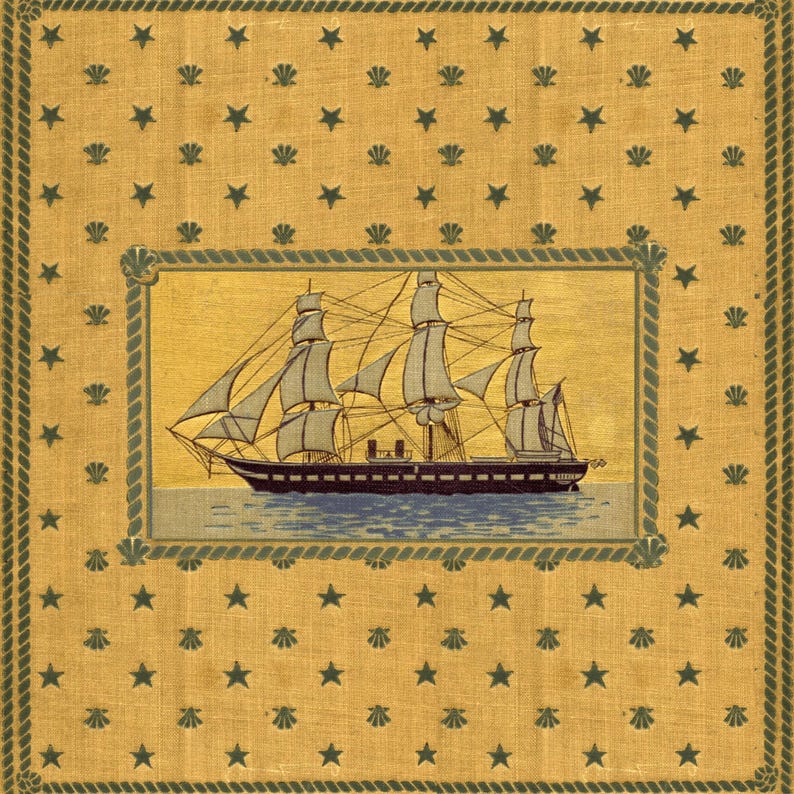 May include: A vintage illustration of a ship with sails against a yellow background with a border of green stars and rope. The ship is in the center of the image and is surrounded by a gold frame.