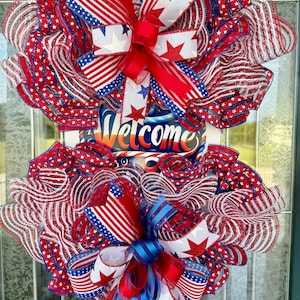Patriotic Welcome Wreath: Red White Blue Deco Mesh, American Flag Ribbon