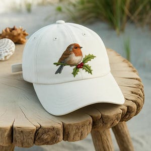 Christmas Robin Embroidered Baseball Cap Wash Hat | Holiday Bird Embroidery Adjustable Hat | Cute Winter Gift for Nature and Bird Lovers