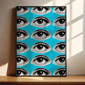 Pop Art Retro Collage Poster, Printable Wall Art, Blue Aesthetic Print, Black And White Eyes, Trendy Wall Art, Preppy Poster, Vintage Art