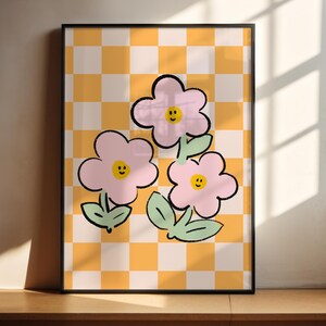 Groovy Poster, 70er Jahre Retro Blumendruck, druckbare Wandkunst rosa gelb ästhetische Blumen, Hippie Plakat, Ästhetik Galeriewand, Hauptdekor