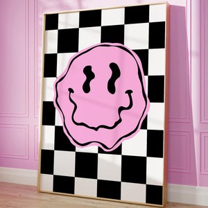 Smiley Face Print, Checkered, Retro, Groovy, Teenage Decor, Pink, Trendy Wall Art, Melted Smiley Print, Black and White, Y2K Aesthetic Print