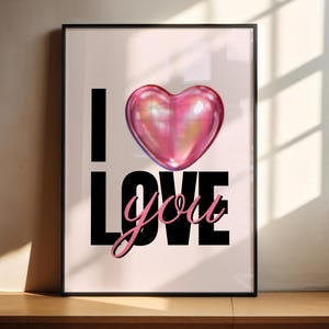 Afdrukbare muurkunst, ik hou van jou-print, esthetische roze hartprint, girly muurkunst, slaapzaaldecor, instant download, trendy poster, romantische liefde