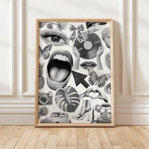 Póster de arte de pared imprimible, collage en blanco y negro, arte digital abstracto, decoración estética para habitación, apartamento, decoración retro y funky para el hogar, arte impreso